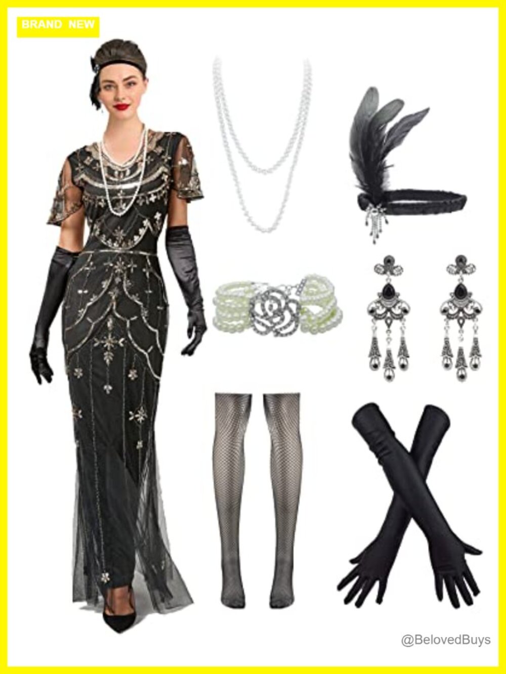 Women's Sequin Flapper Dress Gatsby Accessories Set Evening Formal Gown